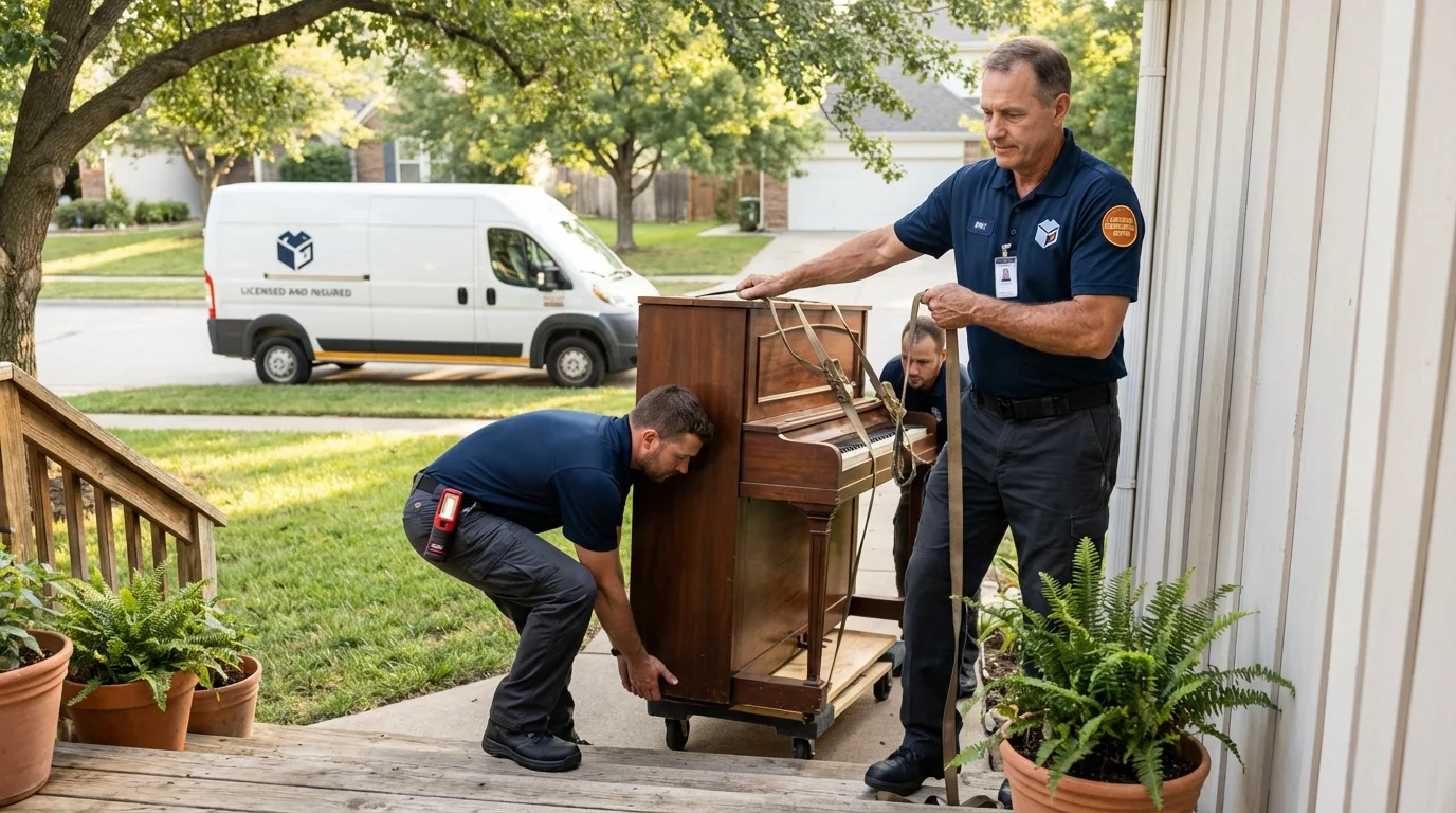 Licensed piano movers securing grand piano in Brandon, VT